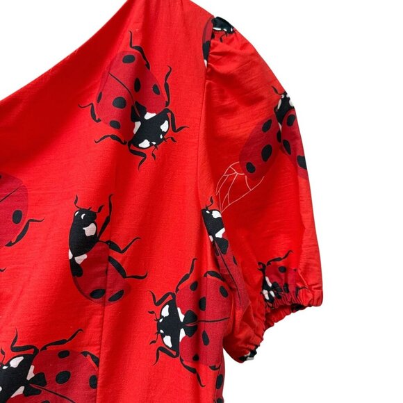 Ladybug Dress Small Tomato Red Cotton One Shoulder Sash Mini by We__Are - Picture 7 of 14